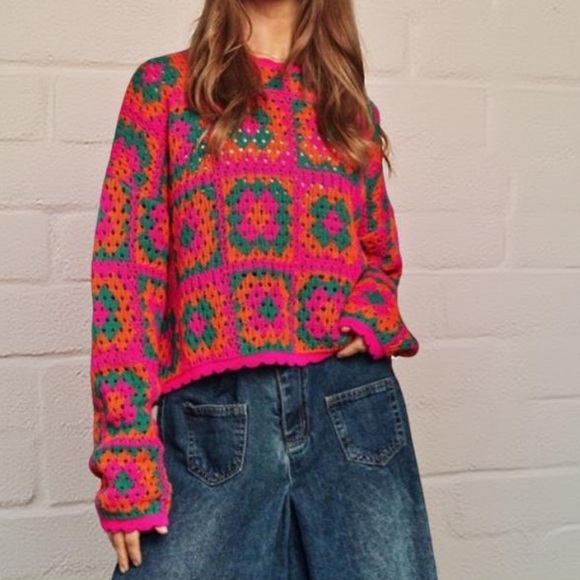 Patch Work Sweater Crochet Sweater / Boho Sweater Davi & Dani NWT Oversized - Picture 5 of 11